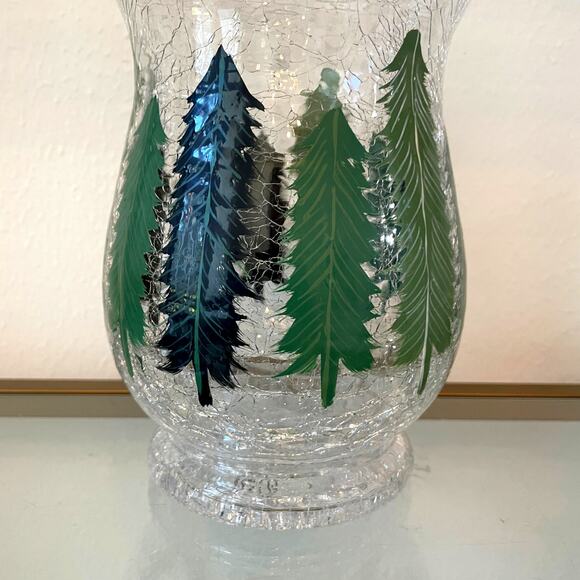 Christmas Pine Tree Crackle Glass Hurricane Candle Holder 8 x 5.5 Holiday New - Picture 7 of 10